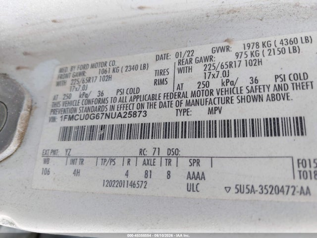 Aukcja sprzedaży 2022 Ford Escape Se, vin: 1FMCU0G67NUA25873, numer aukcji: 45358554
