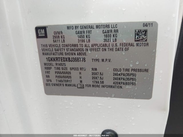 Продаж на аукціоні авто 2011 Gmc Acadia Denali, vin: 1GKKRTEDXBJ368778, номер лоту: 45358627