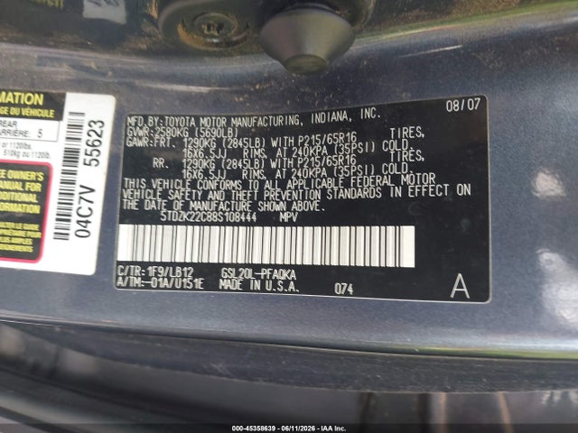 Aukcja sprzedaży 2008 Toyota Sienna Xle, vin: 5TDZK22C88S108444, numer aukcji: 45358639