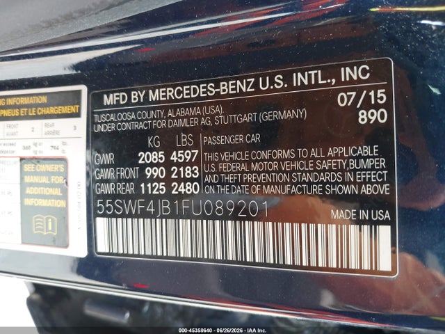 2015 Mercedes-benz C 300 მანქანა იყიდება აუქციონზე, vin: 55SWF4JB1FU089201, აუქციონის ნომერი: 45358640