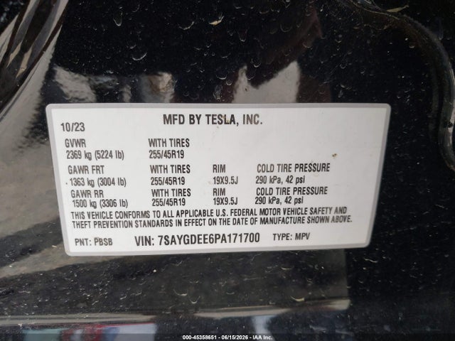 2023 Tesla Model Y Awd/long Range Dual Motor All-wheel Drive მანქანა იყიდება აუქციონზე, vin: 7SAYGDEE6PA171700, აუქციონის ნომერი: 45358651