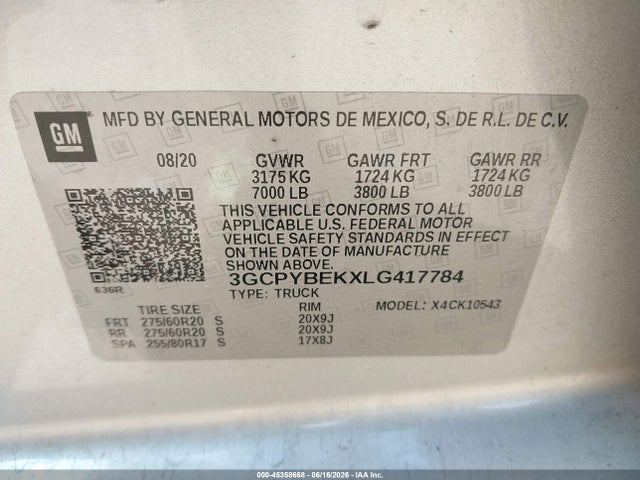 Auction sale of the 2020 Chevrolet Silverado 1500 4wd  Short Bed Custom, vin: 3GCPYBEKXLG417784, lot number: 45358668