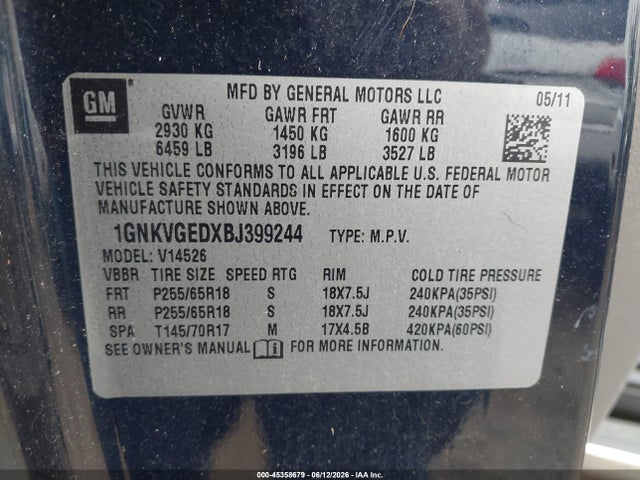 Продаж на аукціоні авто 2011 Chevrolet Traverse 1lt, vin: 1GNKVGEDXBJ399244, номер лоту: 45358679