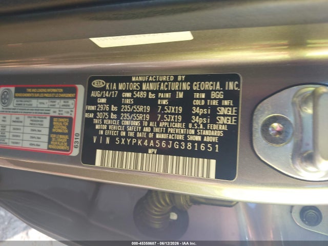 2018 Kia Sorento 3.3l Sx მანქანა იყიდება აუქციონზე, vin: 5XYPK4A56JG381651, აუქციონის ნომერი: 45358687