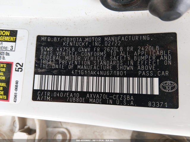 4T1G11AK4NU671801 Toyota CAMRY SE