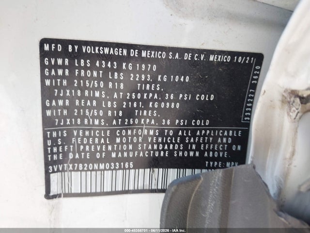 Aukcja sprzedaży 2022 Volkswagen Taos 1.5t Se, vin: 3VVTX7B20NM033165, numer aukcji: 45358701