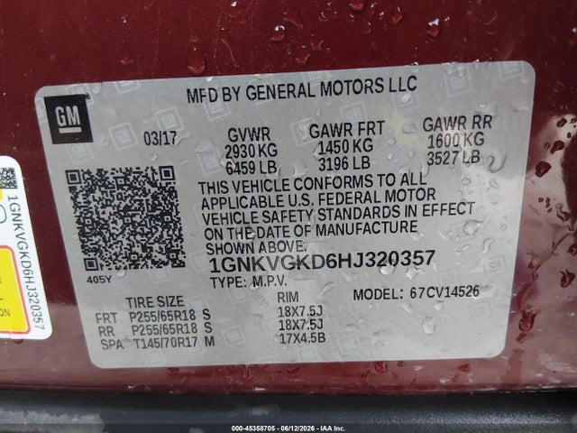 2017 Chevrolet Traverse 1lt მანქანა იყიდება აუქციონზე, vin: 1GNKVGKD6HJ320357, აუქციონის ნომერი: 45358705