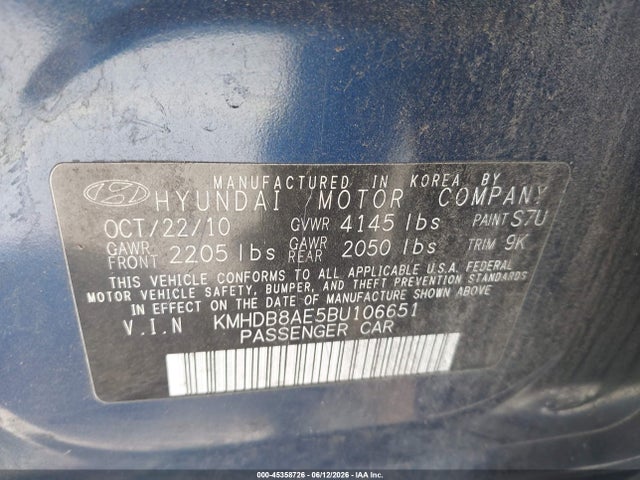 2011 Hyundai Elantra Touring Gls მანქანა იყიდება აუქციონზე, vin: KMHDB8AE5BU106651, აუქციონის ნომერი: 45358726