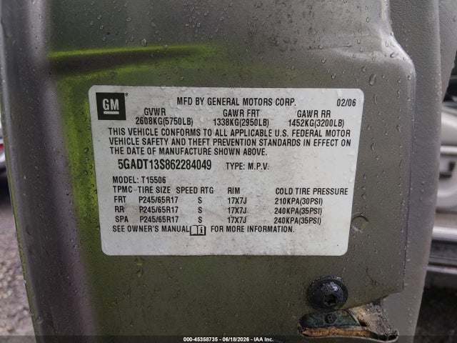 2006 Buick Rainier Cxl მანქანა იყიდება აუქციონზე, vin: 5GADT13S862284049, აუქციონის ნომერი: 45358735