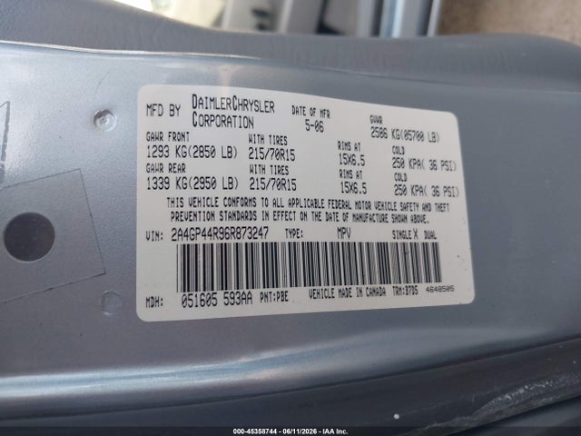 45358744 :رقم المزاد ، 2A4GP44R96R873247 vin ، 2006 Chrysler Town & Country Lx مزاد بيع