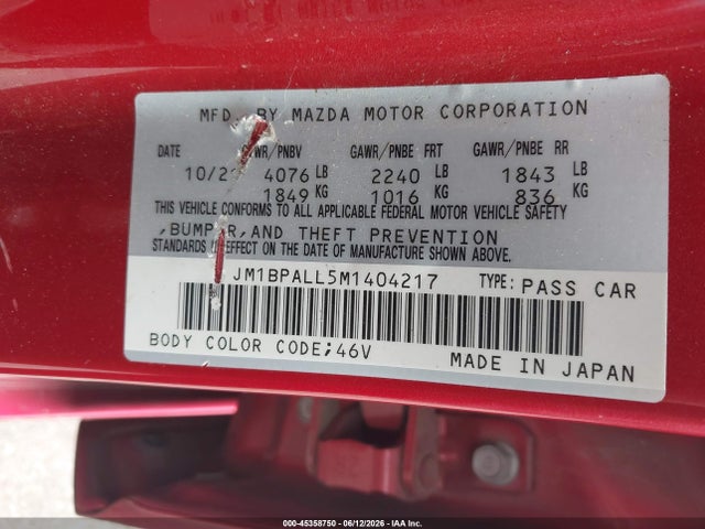 Aukcja sprzedaży 2021 Mazda Mazda3 Preferred, vin: JM1BPALL5M1404217, numer aukcji: 45358750