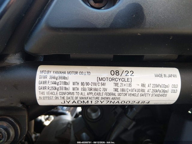Yamaha Xtz690 2022 JYADM12Y7NA002484 Image 10