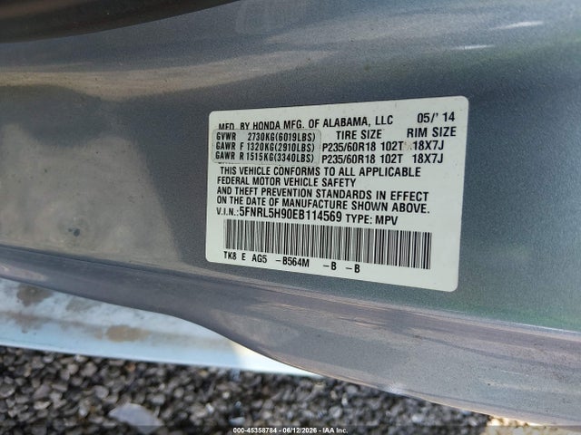 Aukcja sprzedaży 2014 Honda Odyssey Touring/touring Elite, vin: 5FNRL5H90EB114569, numer aukcji: 45358784
