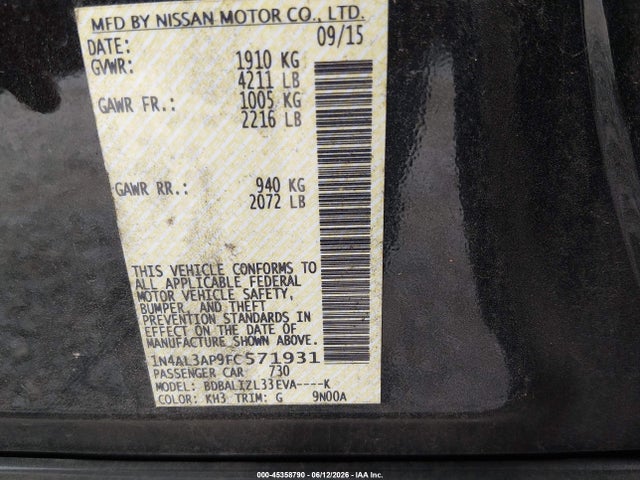 1N4AL3AP9FC571931 Nissan Altima 2.5 Sv