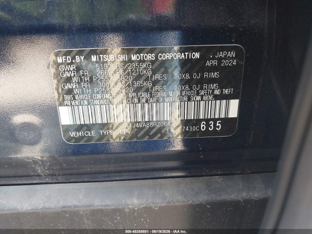 Продаж на аукціоні авто 2024 Mitsubishi Outlander Se 2.5 S-awc, vin: JA4J4VA88RZ064168, номер лоту: 45358801