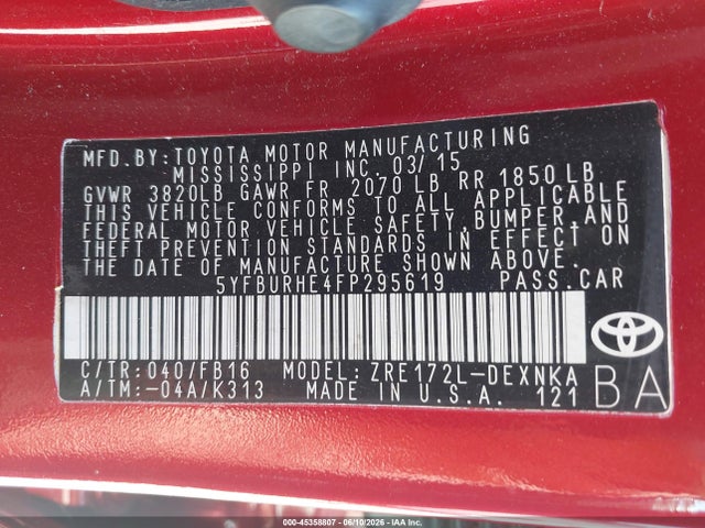 5YFBURHE4FP295619 Toyota COROLLA LE