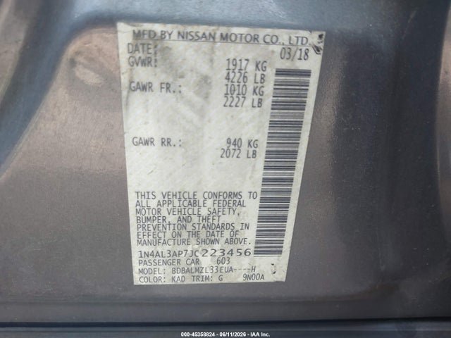 2018 Nissan Altima 2.5 Sv მანქანა იყიდება აუქციონზე, vin: 1N4AL3AP7JC223456, აუქციონის ნომერი: 45358824