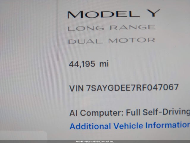 45358828 :رقم المزاد ، 7SAYGDEE7RF047067 vin ، 2024 Tesla Model Y Long Range Dual Motor All-wheel Drive مزاد بيع