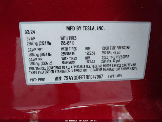 45358828 :رقم المزاد ، 7SAYGDEE7RF047067 vin ، 2024 Tesla Model Y Long Range Dual Motor All-wheel Drive مزاد بيع
