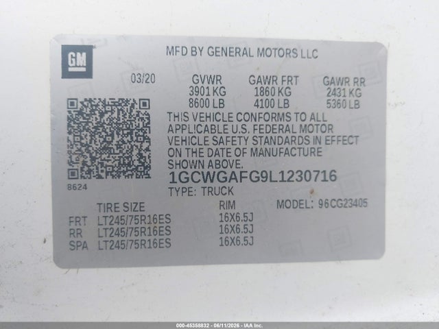 Aukcja sprzedaży 2020 Chevrolet Express Cargo Rwd 2500 Regular Wheelbase Wt, vin: 1GCWGAFG9L1230716, numer aukcji: 45358832