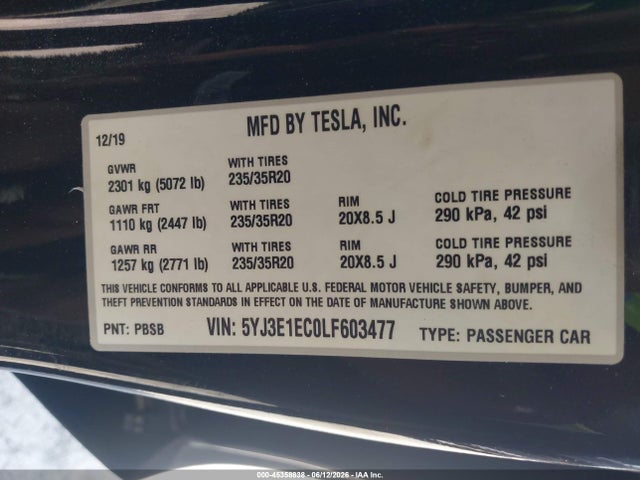 Tesla Model 3 Performance Dual Motor All-wheel Drive 2020 5YJ3E1EC0LF603477 Image 9