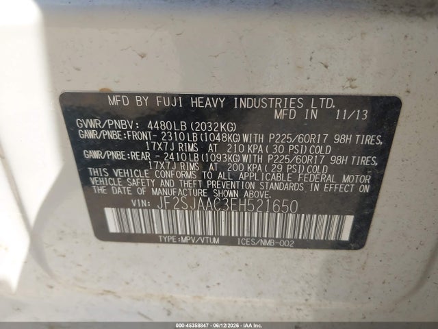 2014 Subaru Forester 2.5i მანქანა იყიდება აუქციონზე, vin: JF2SJAAC3EH521650, აუქციონის ნომერი: 45358847