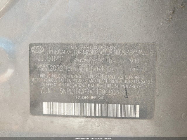 45358849 :رقم المزاد ، 5NPDH4AE9CH090803 vin ، 2012 Hyundai Elantra Limited مزاد بيع