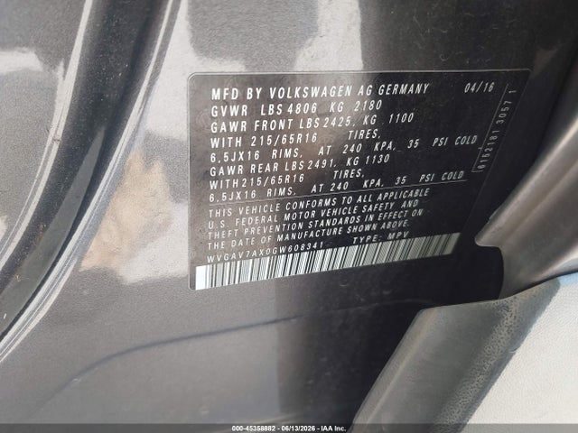 2016 Volkswagen Tiguan S მანქანა იყიდება აუქციონზე, vin: WVGAV7AX0GW608341, აუქციონის ნომერი: 45358882