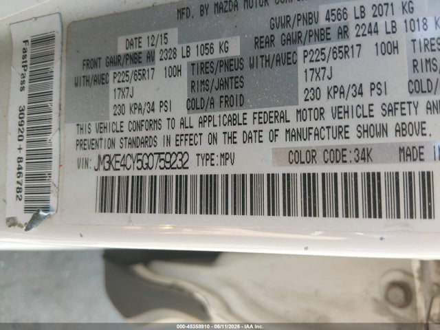 Aukcja sprzedaży 2016 Mazda Cx-5 Touring, vin: JM3KE4CY5G0759232, numer aukcji: 45358910