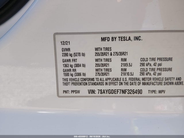 Продажа на аукционе авто 2022 Tesla Model Y Performance Dual Motor All-wheel Drive, vin: 7SAYGDEF7NF326490, номер лота: 45358912