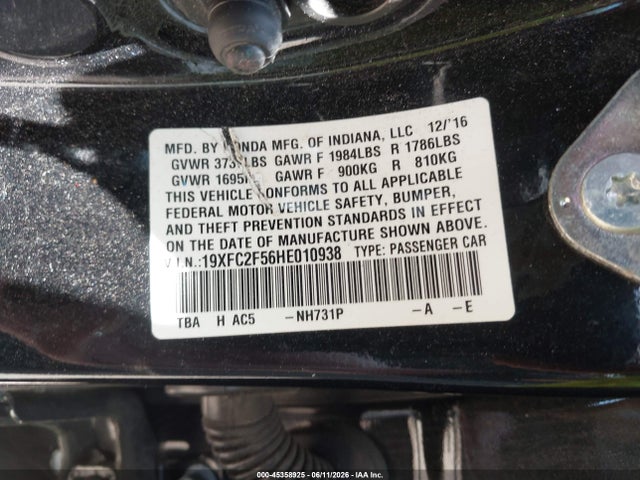 2017 Honda Civic Lx მანქანა იყიდება აუქციონზე, vin: 19XFC2F56HE010938, აუქციონის ნომერი: 45358925