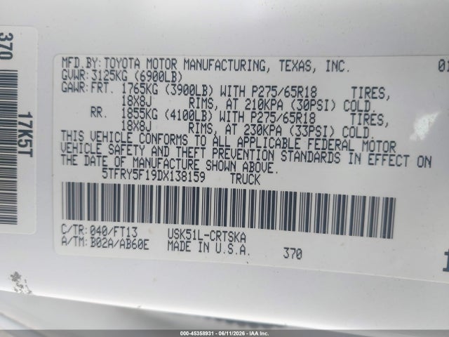 Aukcja sprzedaży 2013 Toyota Tundra Grade 5.7l V8, vin: 5TFRY5F19DX138159, numer aukcji: 45358931