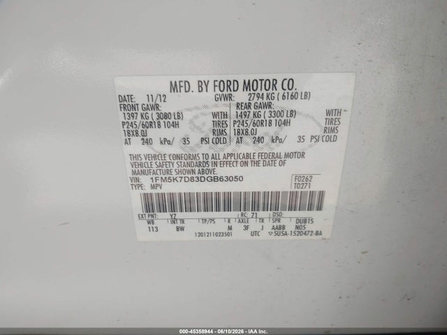 Продажа на аукционе авто 2013 Ford Explorer Xlt, vin: 1FM5K7D83DGB63050, номер лота: 45358944