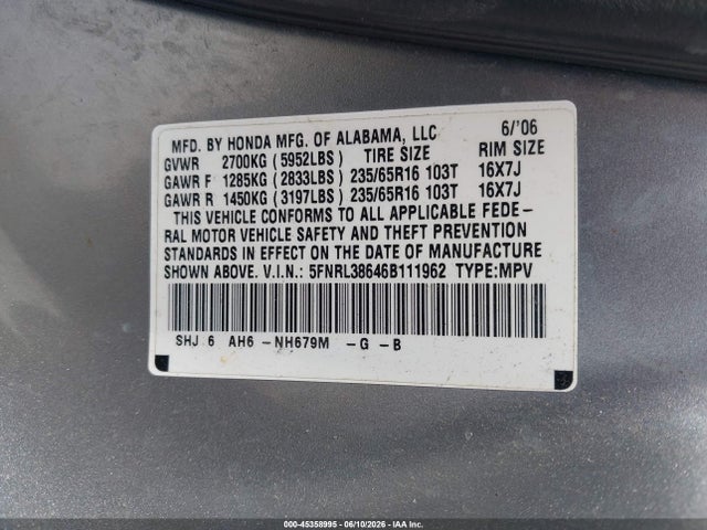 2006 Honda Odyssey Ex-l მანქანა იყიდება აუქციონზე, vin: 5FNRL38646B111962, აუქციონის ნომერი: 45358995