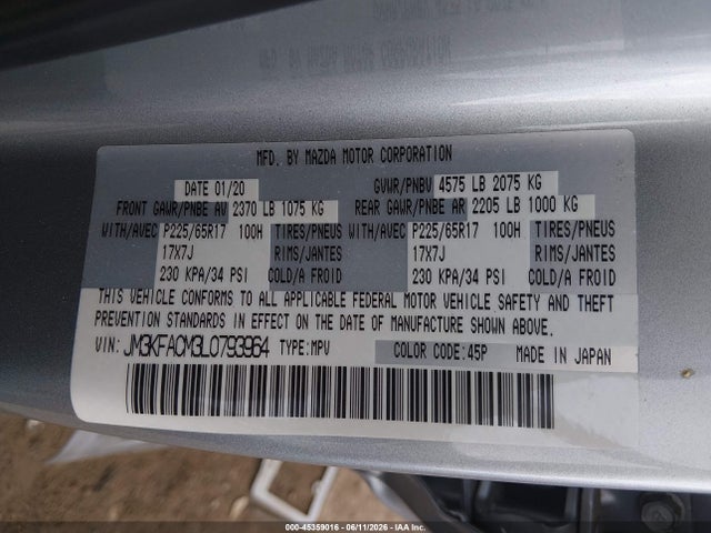 2020 Mazda Cx-5 Touring მანქანა იყიდება აუქციონზე, vin: JM3KFACM3L0793964, აუქციონის ნომერი: 45359016