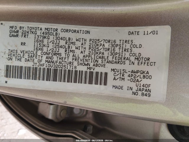45359020 :رقم المزاد ، JTJHF10U320251718 vin ، 2002 Lexus Rx 300 مزاد بيع