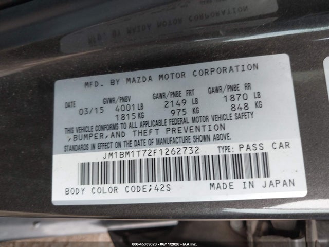 Aukcja sprzedaży 2015 Mazda Mazda3 I Sv, vin: JM1BM1T72F1262732, numer aukcji: 45359023