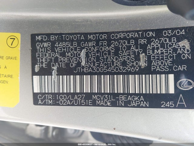 Aukcja sprzedaży 2004 Lexus Es 330, vin: JTHBA30G545032969, numer aukcji: 45359027