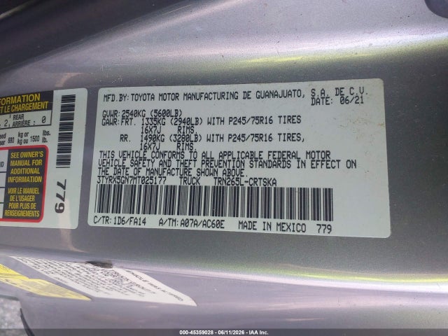 Продаж на аукціоні авто 2021 Toyota Tacoma Sr, vin: 3TYRX5GN7MT025177, номер лоту: 45359028