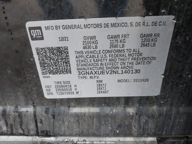 Auction sale of the 2022 Chevrolet Equinox Awd Lt, vin: 3GNAXUEV2NL140130, lot number: 45359031