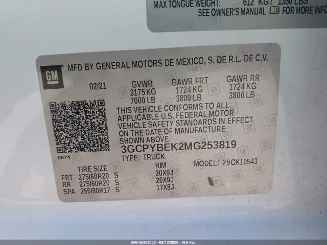 45359032 :رقم المزاد ، 3GCPYBEK2MG253819 vin ، 2021 Chevrolet Silverado 1500 4wd  Short Bed Custom مزاد بيع