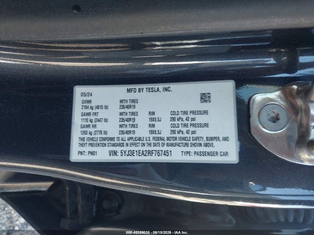 2024 Tesla Model 3 Long Range Dual Motor All-wheel Drive/rear-wheel Drive მანქანა იყიდება აუქციონზე, vin: 5YJ3E1EA2RF767451, აუქციონის ნომერი: 45359035