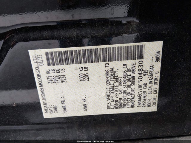2022 Nissan Maxima Sv Xtronic Cvt მანქანა იყიდება აუქციონზე, vin: 1N4AA6CV7NC504830, აუქციონის ნომერი: 45359042