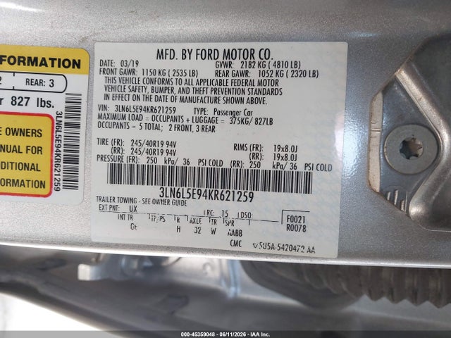 Продаж на аукціоні авто 2019 Lincoln Mkz Reserve Ii, vin: 3LN6L5E94KR621259, номер лоту: 45359048