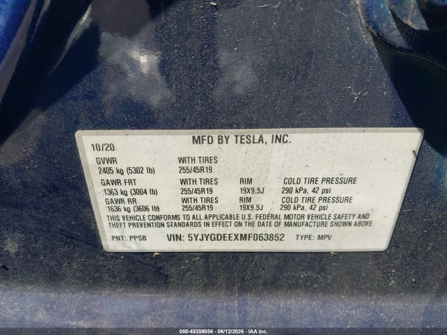 2021 Tesla Model Y Long Range Dual Motor All-wheel Drive მანქანა იყიდება აუქციონზე, vin: 5YJYGDEEXMF063852, აუქციონის ნომერი: 45359056
