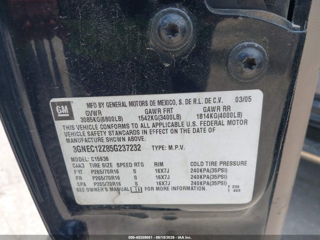 Продажа на аукционе авто 2005 Chevrolet Avalanche 1500 Lt, vin: 3GNEC12Z85G237232, номер лота: 45359081