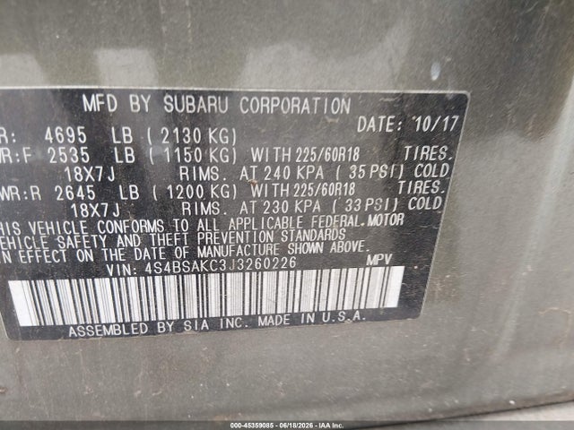 Aukcja sprzedaży 2018 Subaru Outback 2.5i Limited, vin: 4S4BSAKC3J3260226, numer aukcji: 45359085