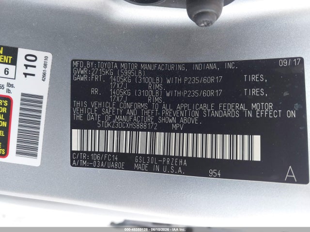 Продажа на аукционе авто 2017 Toyota Sienna Le 8 Passenger, vin: 5TDKZ3DCXHS888172, номер лота: 45359128