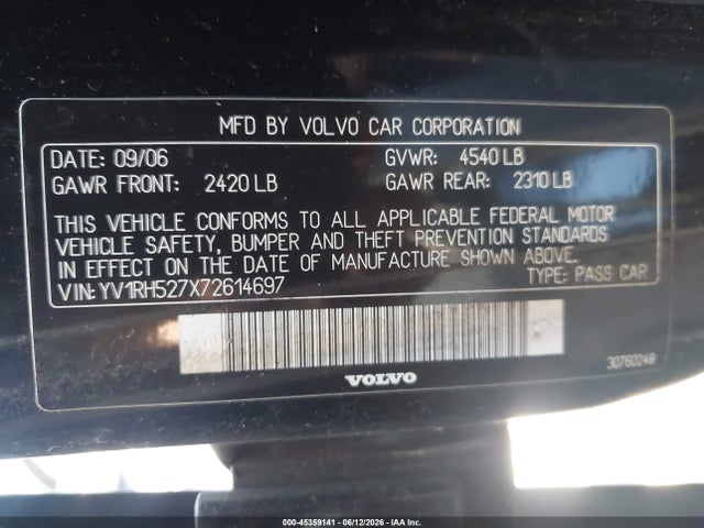 45359141 :رقم المزاد ، YV1RH527X72614697 vin ، 2007 Volvo S60 R مزاد بيع