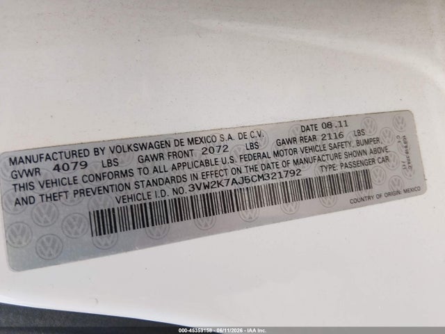 Aukcja sprzedaży 2012 Volkswagen Jetta 2.0l S, vin: 3VW2K7AJ5CM321792, numer aukcji: 45359158